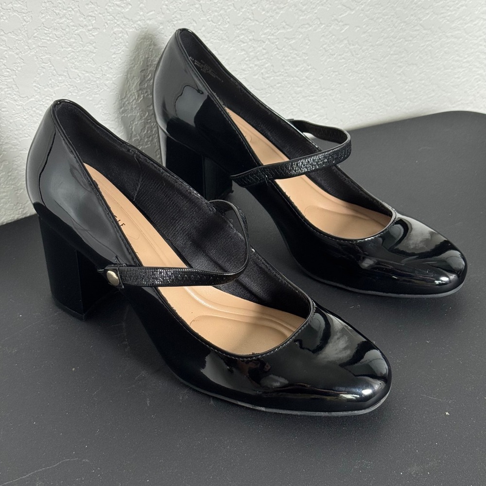 Kelly & Katie Mary Jane Pumps Women 8 Black Patent Block Heel Round Toe Strappy